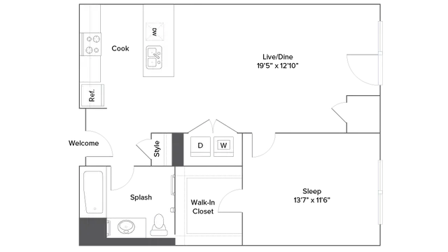 Modern studio apartment floor plan with open living/dining area, spacious bedroom with walk-in closet, stylish kitchen, and elegant bath.
