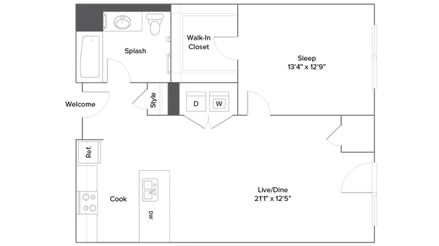 Modern apartment floor plan featuring a spacious 1-bedroom with walk-in closet, stylish kitchen with island, and open living/dining area.