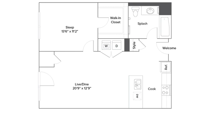 Modern floor plan highlighting a spacious 1-bedroom layout with a large living/dining area, stylish kitchen, and walk-in closet.