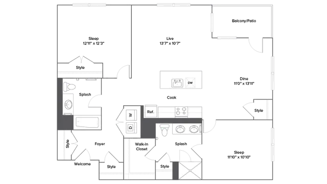 Modern floor plan with two bedrooms, open-concept living and dining areas, spacious kitchen, and balcony access, perfect for stylish living.