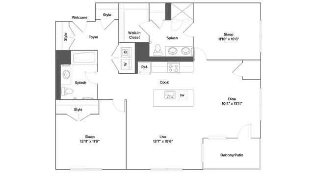 Elegant floor plan featuring 2 bedrooms, a modern kitchen with an island, expansive living area, and a private balcony.