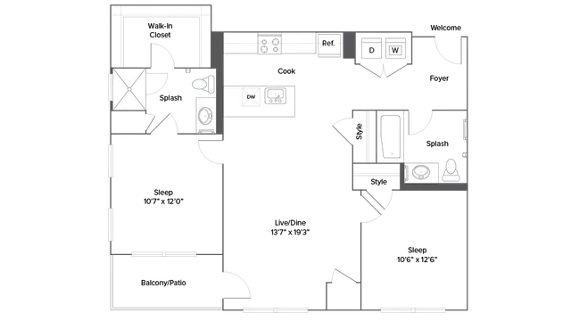 Modern apartment floor plan featuring 2 spacious bedrooms, open living/dining area, sleek kitchen, and private balcony for stylish living.
