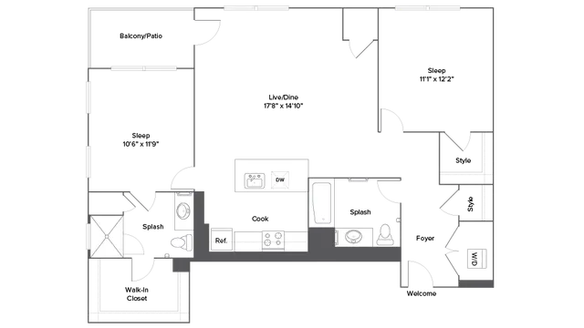 Modern 2-bedroom floor plan with spacious living and dining area, stylish kitchen, and private balcony.