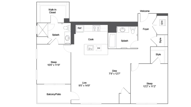 Contemporary floor plan with 2 spacious bedrooms, stylish open living and dining areas, modern kitchen, and a large balcony.
