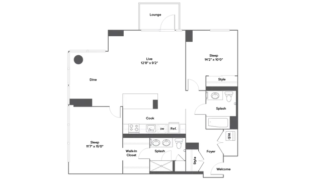 Modern apartment floor plan with 2 spacious bedrooms, open-concept living and dining area, stylish kitchen, and convenient laundry area.