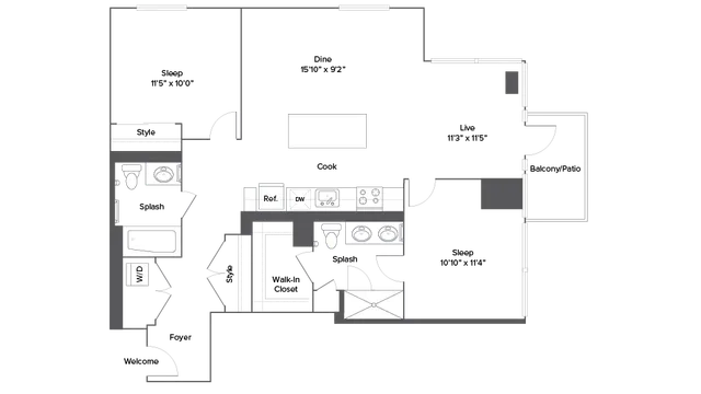 Modern floor plan showcasing 2 bedrooms, spacious living and dining areas, stylish kitchen, and balcony access.