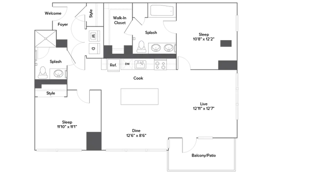 Modern floor plan featuring 2 bedrooms, spacious living area, open kitchen, 2 stylish bathrooms, and a private balcony for relaxation.