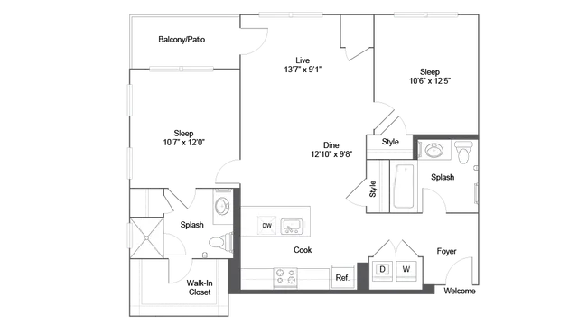 Elegant apartment floor plan with 2 bedrooms, open living and dining area, stylish kitchen, and private balcony patio.