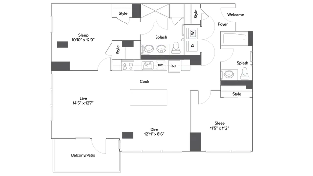 Elegant floor plan showcasing 2 spacious bedrooms, a modern kitchen with dining area, and a cozy living room leading to a private balcony.