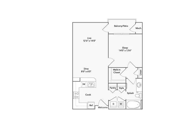 Modern floor plan showcasing 1 bedroom, spacious living area with balcony, and a stylish kitchen with pantry.