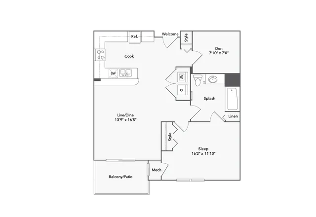Modern floor plan featuring a stylish one-bedroom, open living/dining area, cozy den, and a welcoming balcony for relaxation.