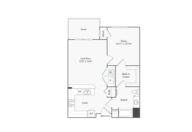 Contemporary floor plan with a spacious bedroom, open-concept living and dining area, modern kitchen, and private deck.