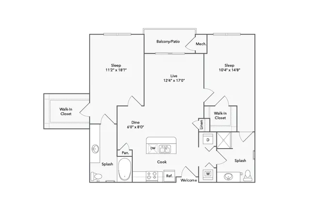 Modern 2D floor plan featuring 2 bedrooms with walk-in closets, spacious living area with balcony, and contemporary kitchen with island.
