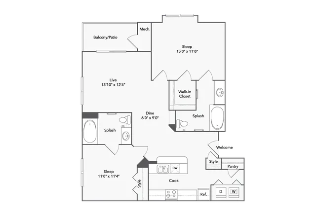 Modern floor plan featuring 2 spacious bedrooms, open-concept living area, balcony, and a stylish kitchen with pantry.