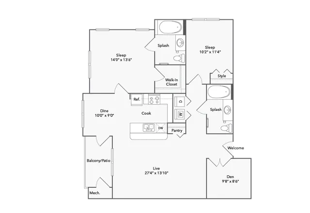 Elegant floor plan showcasing two spacious bedrooms, modern kitchen with pantry, open living and dining area, plus a cozy den and balcony for relaxation.
