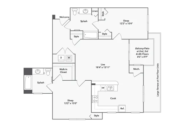 Chic floor plan featuring 2 spacious bedrooms, elegant living area, modern kitchen, and private balcony.