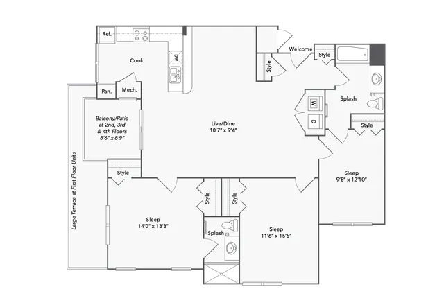 Contemporary floor plan showcasing 3 bedrooms, open-concept living and dining area, modern kitchen, and a spacious balcony.
