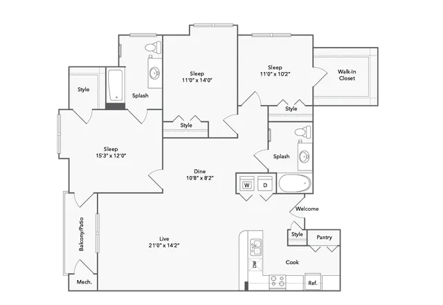 Elegant apartment floor plan featuring 3 spacious bedrooms, an expansive living area with balcony, and a modern kitchen with a pantry.