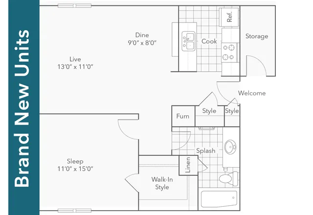 Modern floor plan featuring one spacious bedroom, a stylish kitchen with dining area, and convenient storage space in new units.