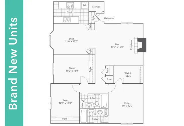 Modern floor plan showcasing brand new units with 3 spacious bedrooms, a cozy living room with a fireplace, open dining area, and well-equipped kitchen. Includes 2 bathrooms and ample storage space.