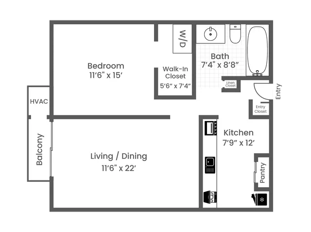 1 Bed 1 Bath Washer Dryer