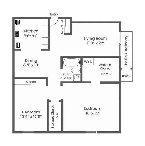 2 Bed 1 Bath Washer Dryer