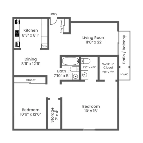 2 Bed 1.5 Bath