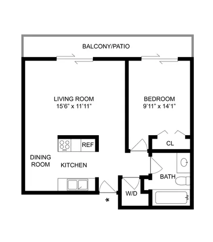 1 BR x 1 BA with Washer/Dryer Floorplan
