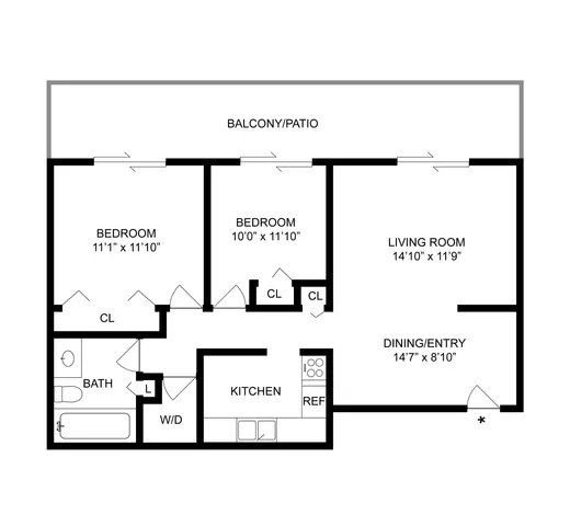 2 BR x 1 BA with Washer/Dryer Floorplan