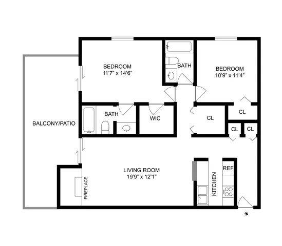 2 BR x 2 BA - Tower Floorplan
