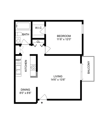 1 BR x 1 BA - B Floorplan