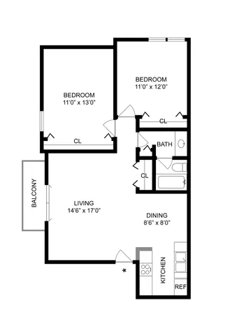 2 BR x 1 BA - A Floorplan