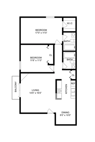 2 BR x 2 BA - A Floorplan