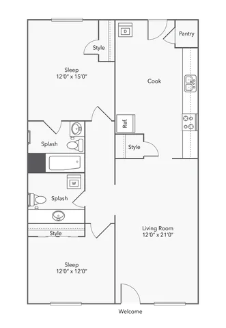 2 BR x 1.5 BA with Washer/Dryer Floorplan - ReNew Bartlett Village in Bartlett, TN