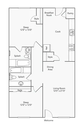 2 BR x 2 BA Floorplan - ReNew Bartlett Village in Bartlett, TN