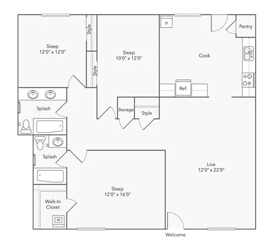 3 BR x 2 BA with Washer/Dryer Flooorplan - ReNew Bartlett Village in Bartlett, TN