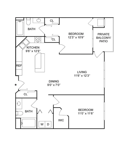 2 BR x 2 BA - B | 2-Bedroom Floorplan