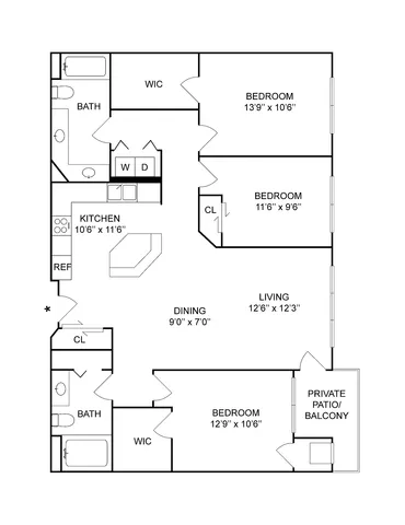 3 BR x 2 BA - A | 3-Bedroom Floorplan
