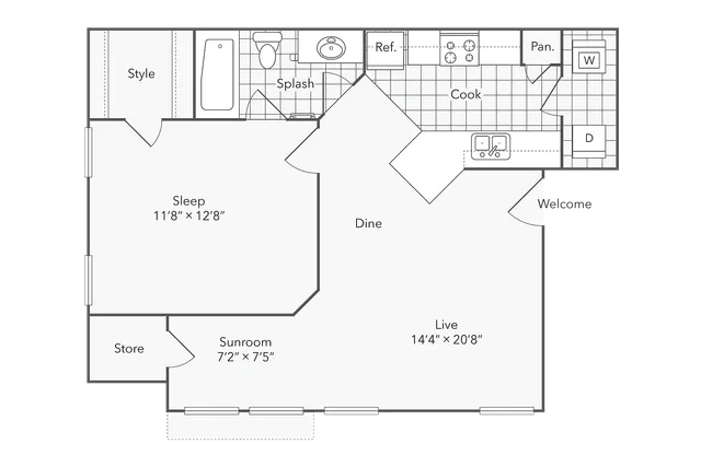 1 BR x 1 BA with Washer/Dryer A