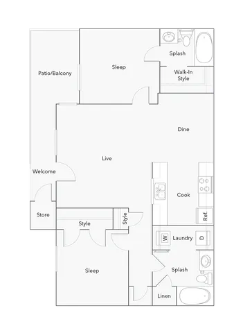 2 Bed 2 Bath A Floorplan