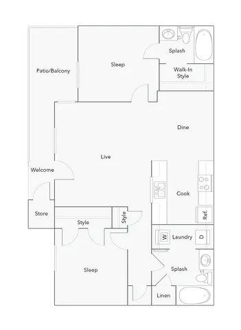 2 Bed 2 Bath B Floorplan
