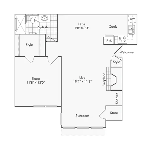 1 BR x 1 BA