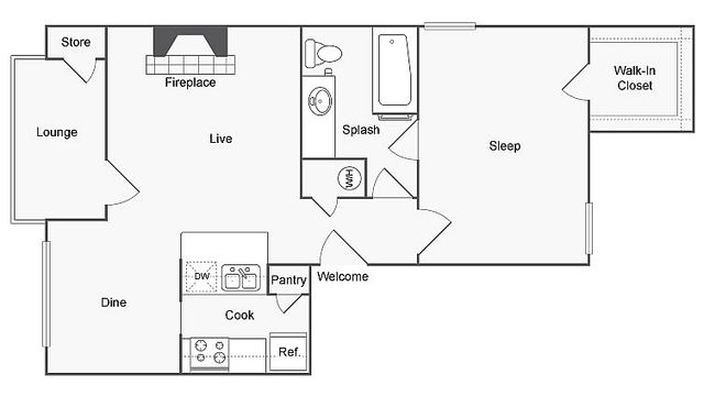 1 BR x 1 BA with W/D - B Floorplan