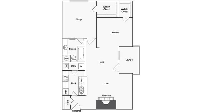 1 BR x 1 BA with W/D - F Floorplan