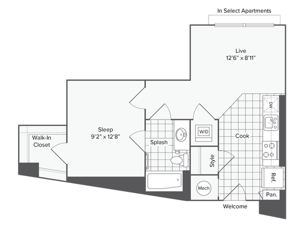 1 BR x 1 BA - B Floorplan