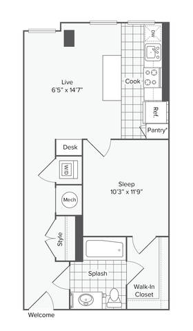1 BR x 1 BA - D Floorplan