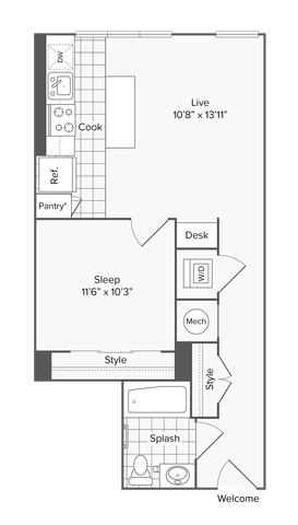 1 BR x 1 BA - E Floorplan