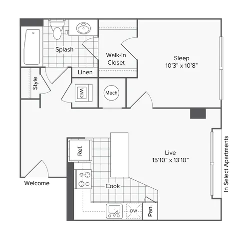 1 BR x 1 BA - H Floorplan