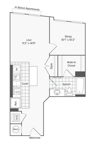 1 BR x 1 BA - J Floorplan