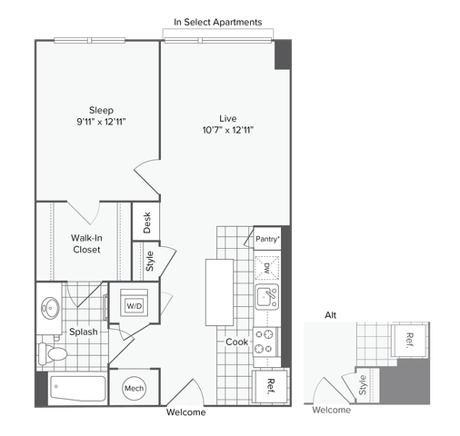 1 BR x 1 BA - K Floorplan